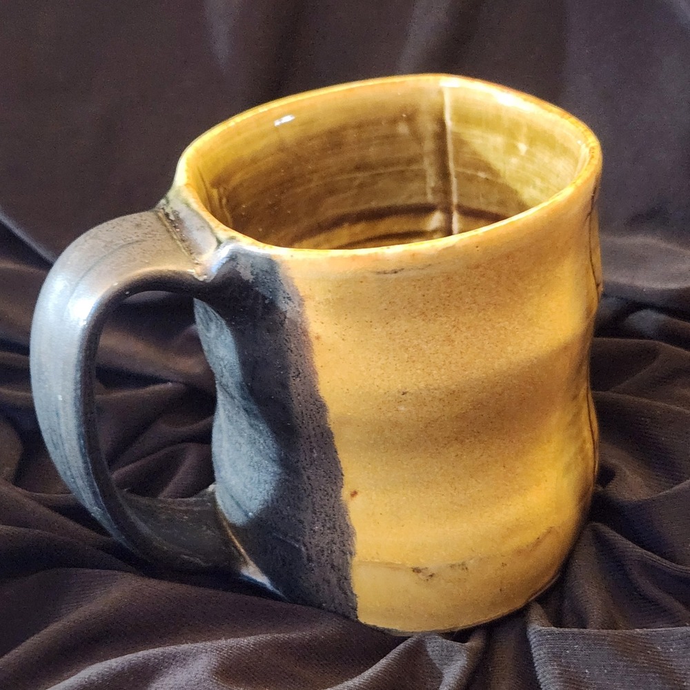 Artisan JT Studio Pottery Coffee Mug Yellow Black Signed Brutalist Modernist